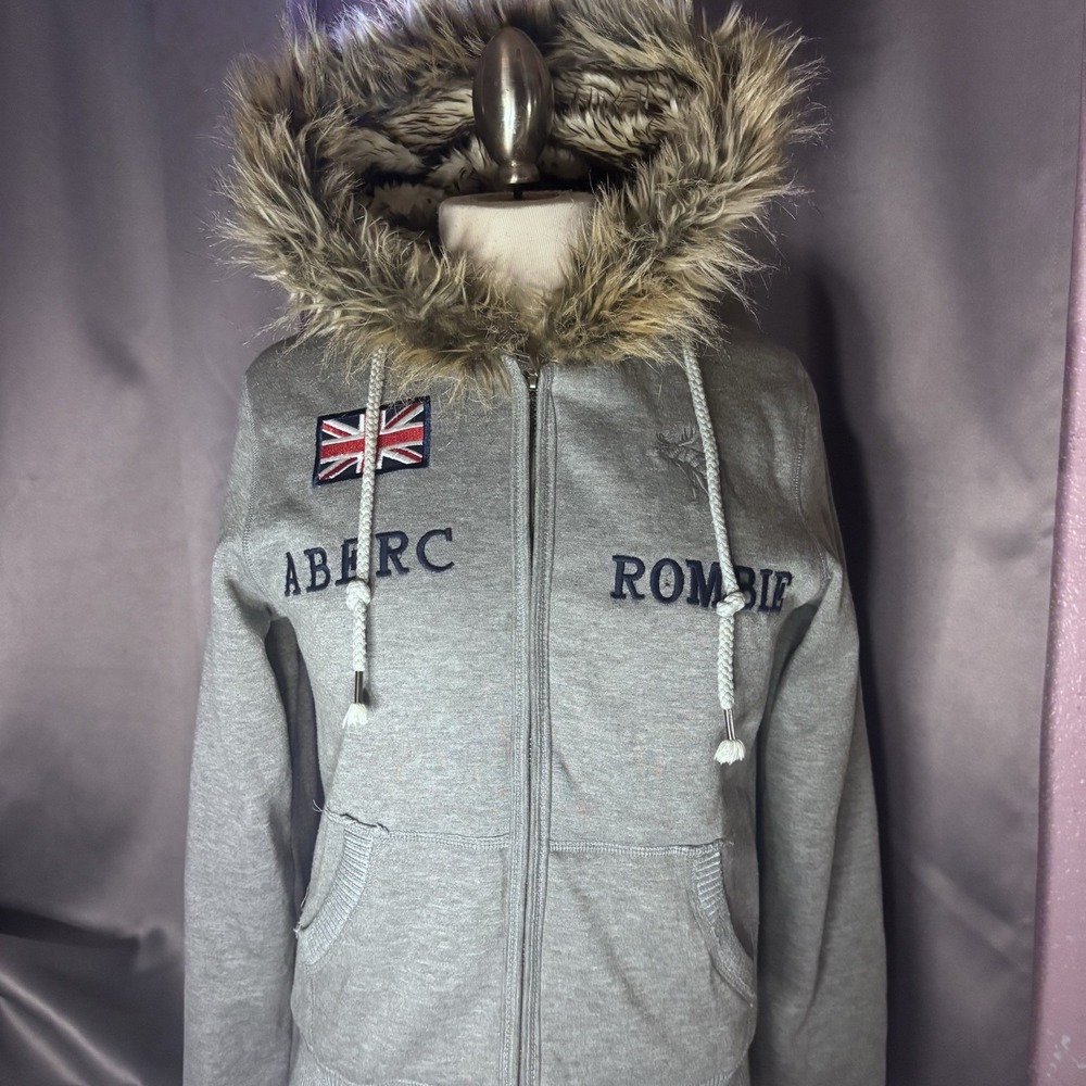 Vtg Abercrombie & Fitch Y2K Gray Fur Hood Zip Up Hoodie Union Jack Flag Medium